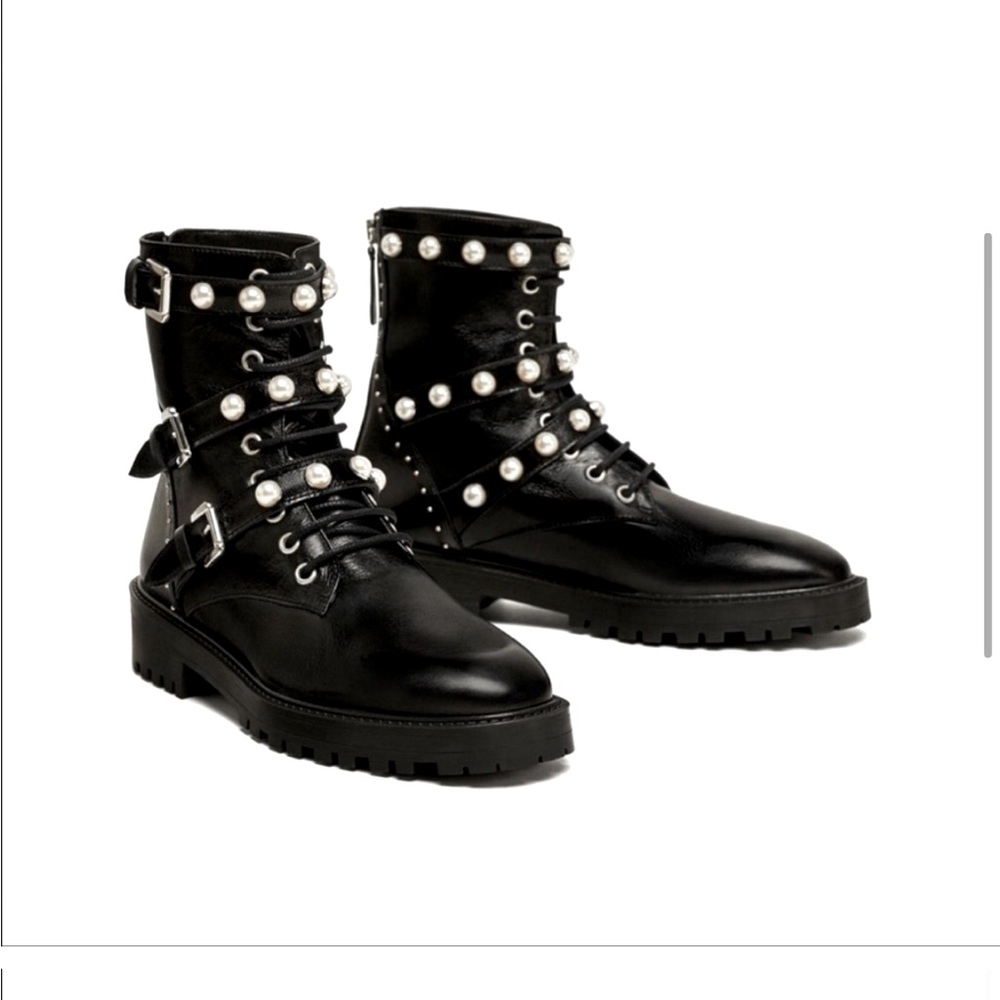 Zara Moto FAUX Pearl Combat Boot w/ buckles SOLD OUT - new with tag BLOGGER FAV